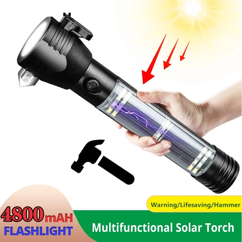 [100% ORIGINAL]Solar Senter LED Powered Torch Flashlight USB Rechargeable LED Torch Multi Function Outdoor LED Car Flashlight Ultra Bright Torch Light with Safety Hammer, Seat Belt Cutter and Compass Multi-functional