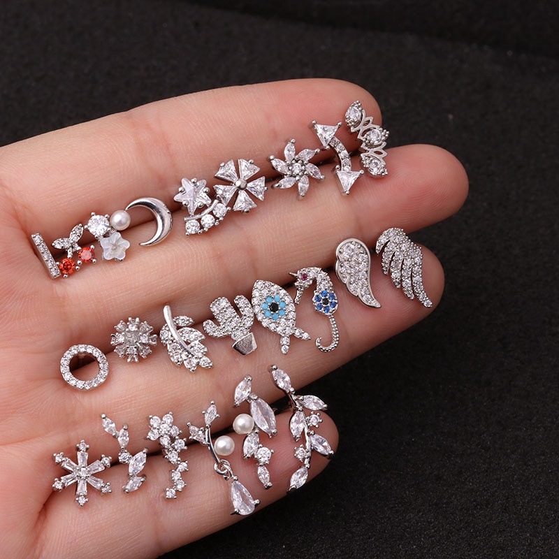 Hot 1piece Steel Copper Fish Hand Tree CZ Ear Piercing Jewelry Steel Barbell Daith Earrings Helix Cartilage Studs