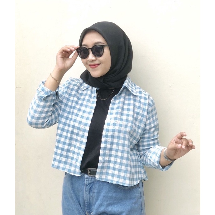 Crop Shirt Tartan Kemeja Crop Crinckle Kotak Alika Blouse Crinkle