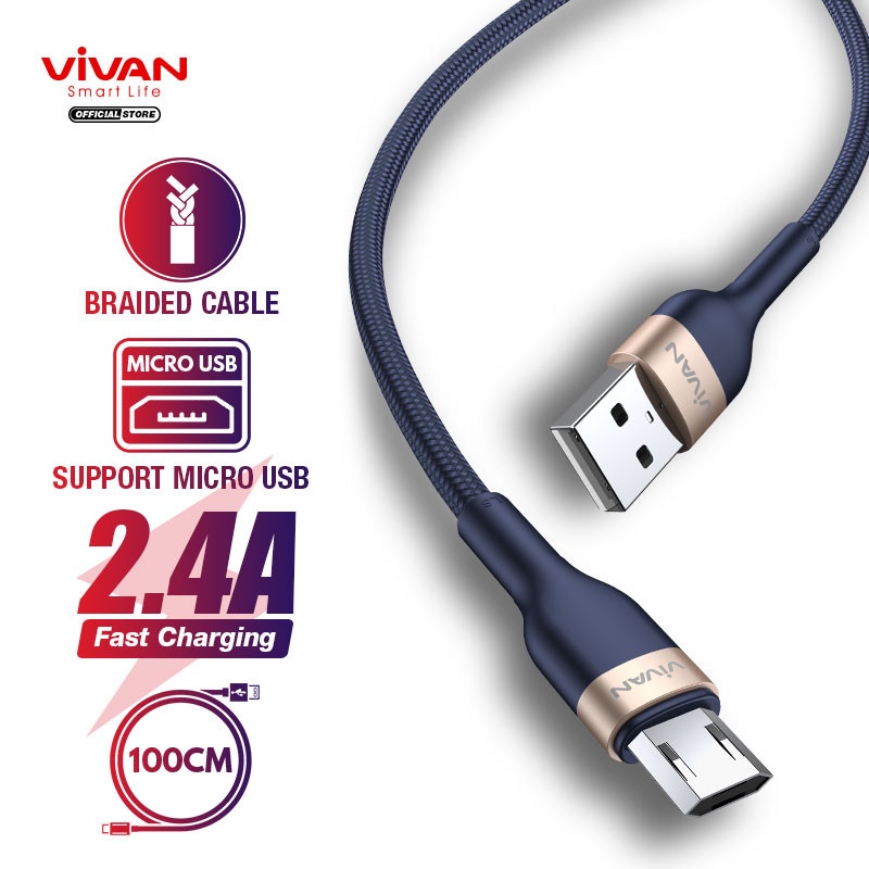 Kabel Data Micro USB Android 1M Fast Charging 2.4A - Vivan VXM100