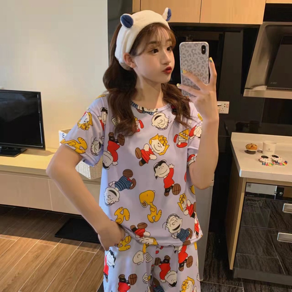 Piyama Baju Tidur Import Wanita Fashion Sleepwear Spandex Stelan Rumah Baju Santai Celana Pendek z-HP-Snoopy Friends