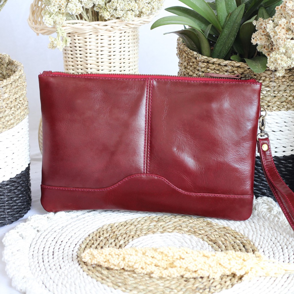 CLUTCH WANITA KULIT ASLI NEVARA MERAH MAROON / FREE GRAVIR NAMA DI CLUTCH