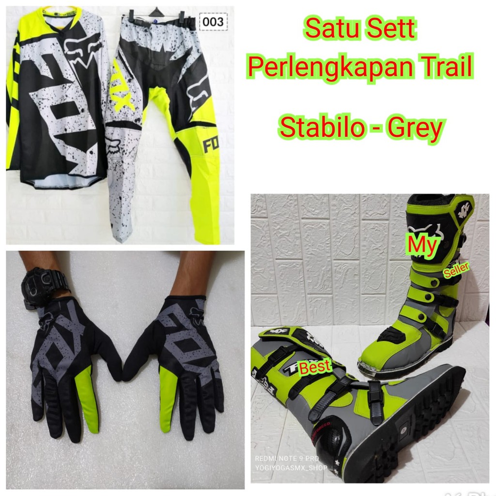 jerseyset cross , sepatu trail &amp; sarung tangan motor cross trail FULSET stabilo abu