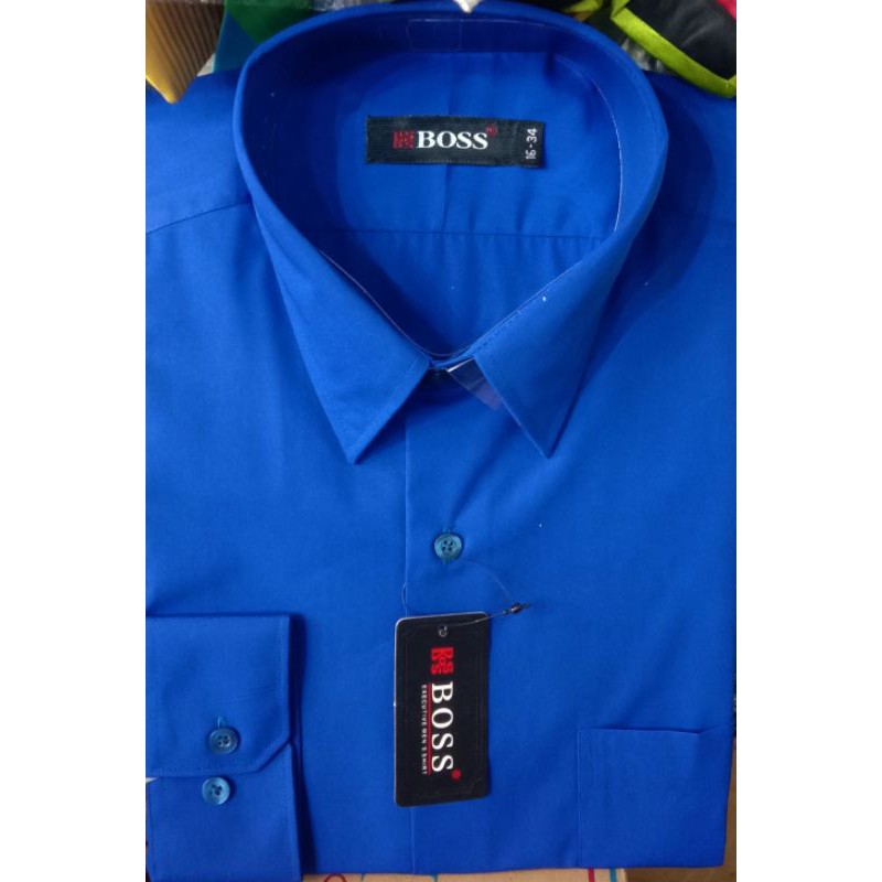 kemeja polos biru elektrik/biru BCA lengan panjang merk boss