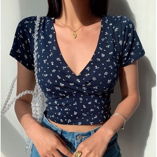 DF BJ091 Baju Wanita Motif Bunga Crop Top Atasan Korean Sexy Lengan Pendek