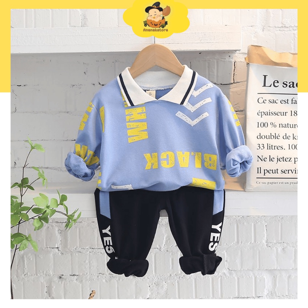 ANANAKSTORE- Baju setelan anak laki laki Motif YES BLUE 0-5 tahun lucu baju baby impor premium