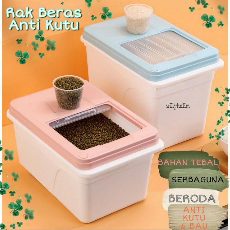Rak Beras Kotak Penyimpanan Kacang Makanan Biji Bijian Serbaguna Rak Roda Storage Tempat Beras besar
