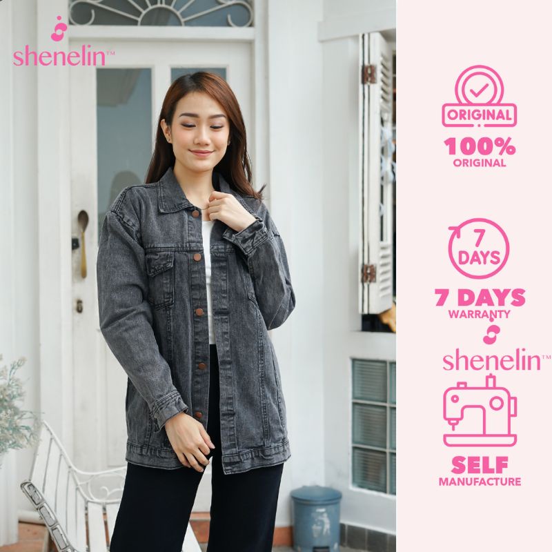 Shenelin jaket jeans oversize wanita jumbo putih biru lebaran Elon jaket