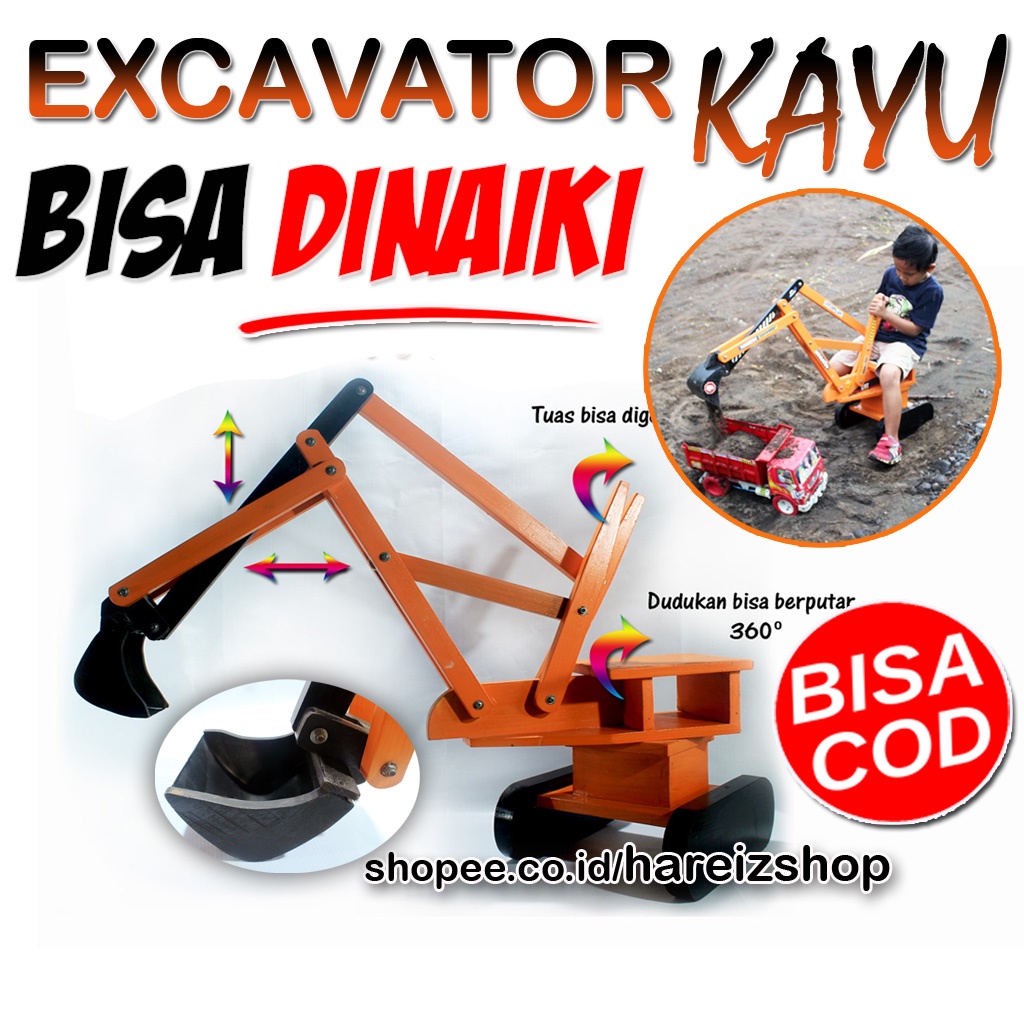 EXCAVATOR BEGO BECO BEKO KAYU Besar bisa Dinaiki Tinggangi Mainan Edukasi Eskavator tunggangan anak 