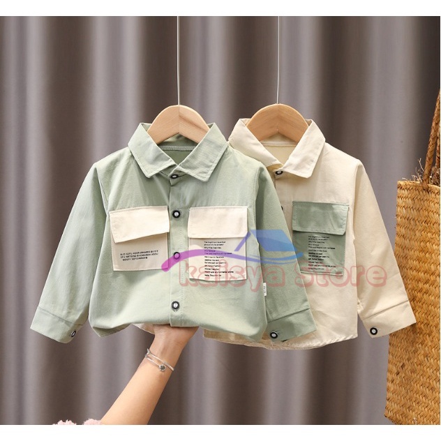 KSY- Baju anak Kemeja import Baju anak import atasan anak import baju anak KANTONG CREAM HIJAU