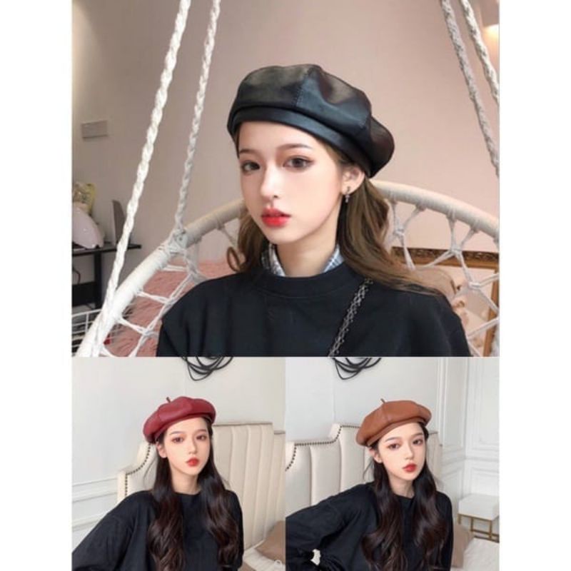 IMPORT WOMAN PU BARET HAT WINTER AUTUMN FASHION CAP TOPI MUSIM DINGIN