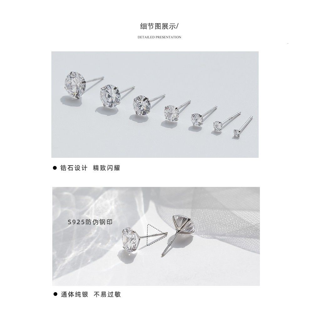 100% S999 Silver Needle Ear Stick Stud Earrings Diamond Zircon Basic Simple Helix Piercing Minimalist Hypoallergenic