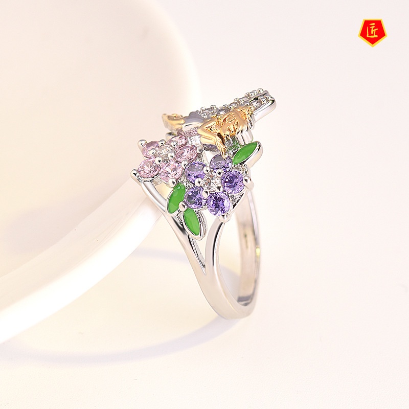 [Ready Stock]Golden Wings Elf Diamond-Studded Ring Fashion Creative Colored Gems