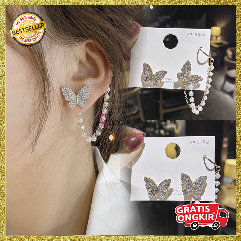 ANTING TITANIUM KOREA PEREMPUAN DEWASA KUPU KUPU KRISTAL RUMBAI MUTIARA ANT89