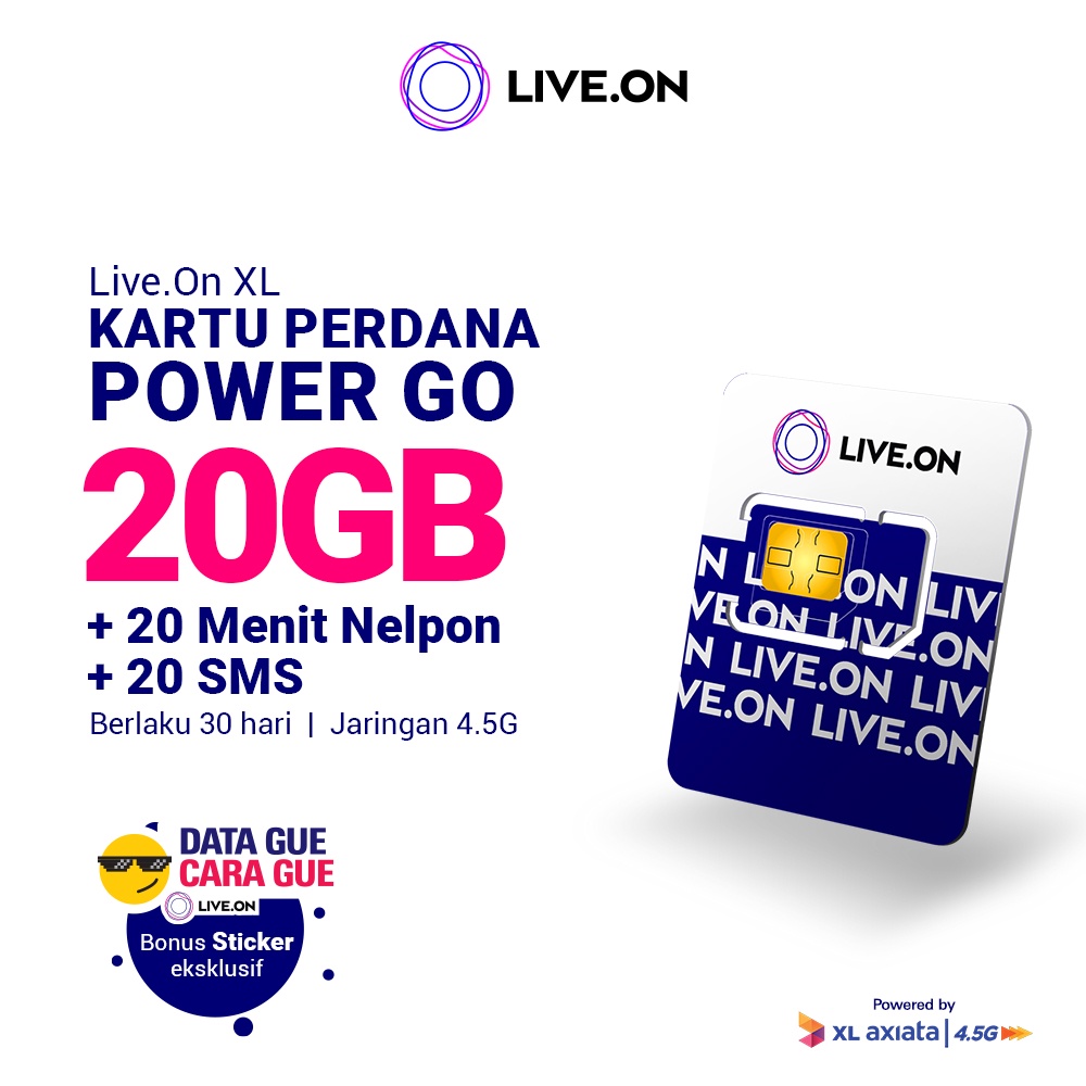 Kartu Perdana Live.On Power Go 20GB (30 hari) Jaringan 4.5G Gratis 20 Menit Nelpon + 20 SMS + Sticker E