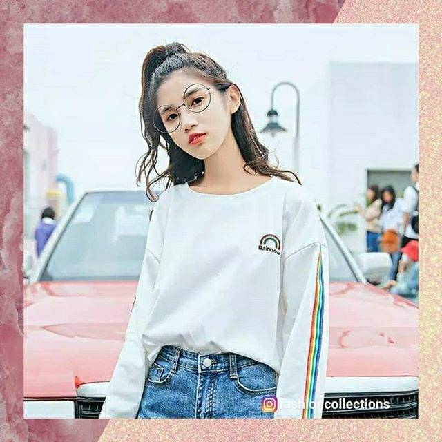 Fashion wanita pelangi Bagian menengah dan panjang Kaos lengan panjang