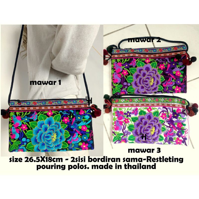 Tas selempang bordir bunga mawar Thailand oleh-oleh souvenir Bangkok