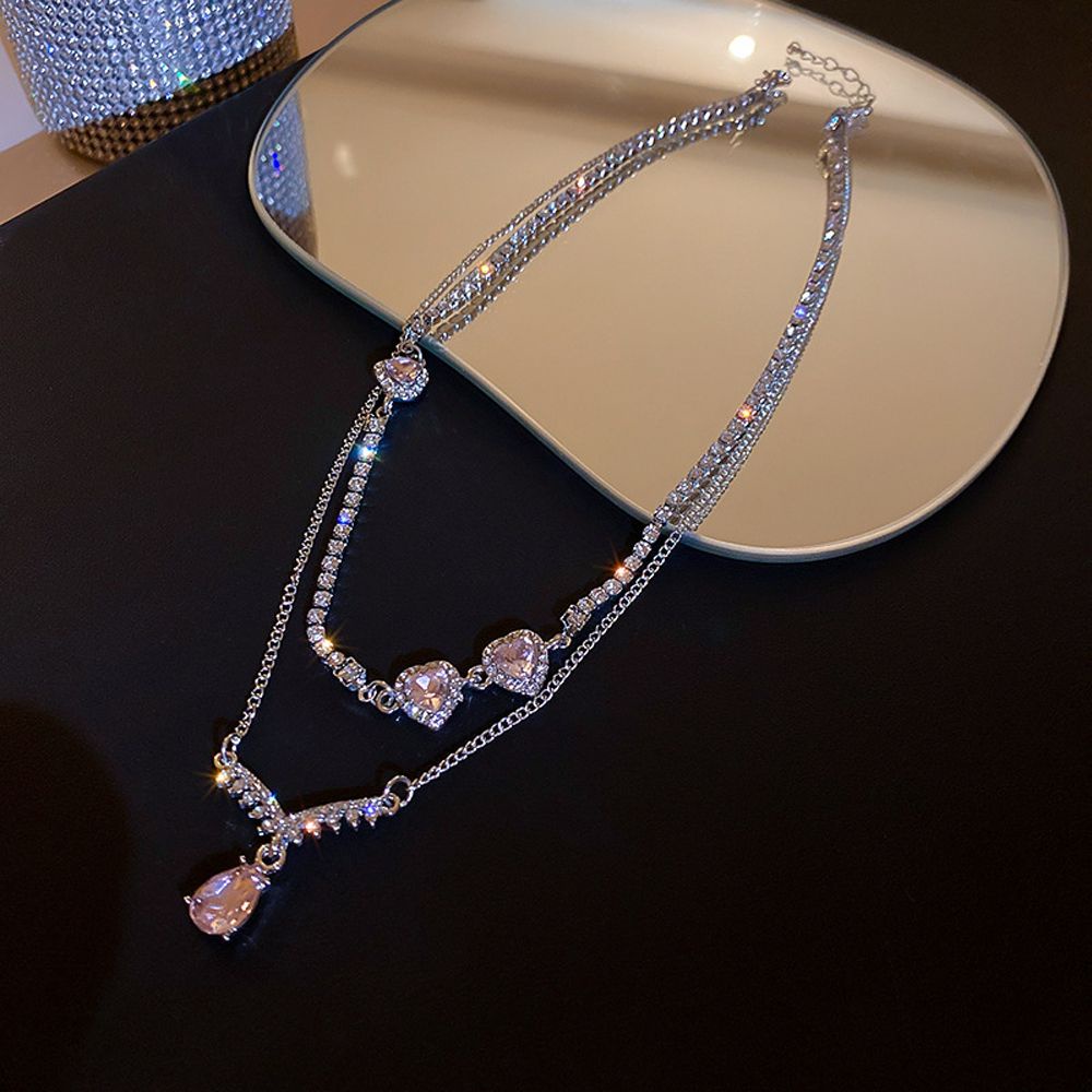 Needway  Trendy Korean Style Necklace Baroque Fashion Jewelry Women Clavicle Choker Heart Wedding For Girls Water Drop Elegant Rhinestone Pink Crystal/Multicolor