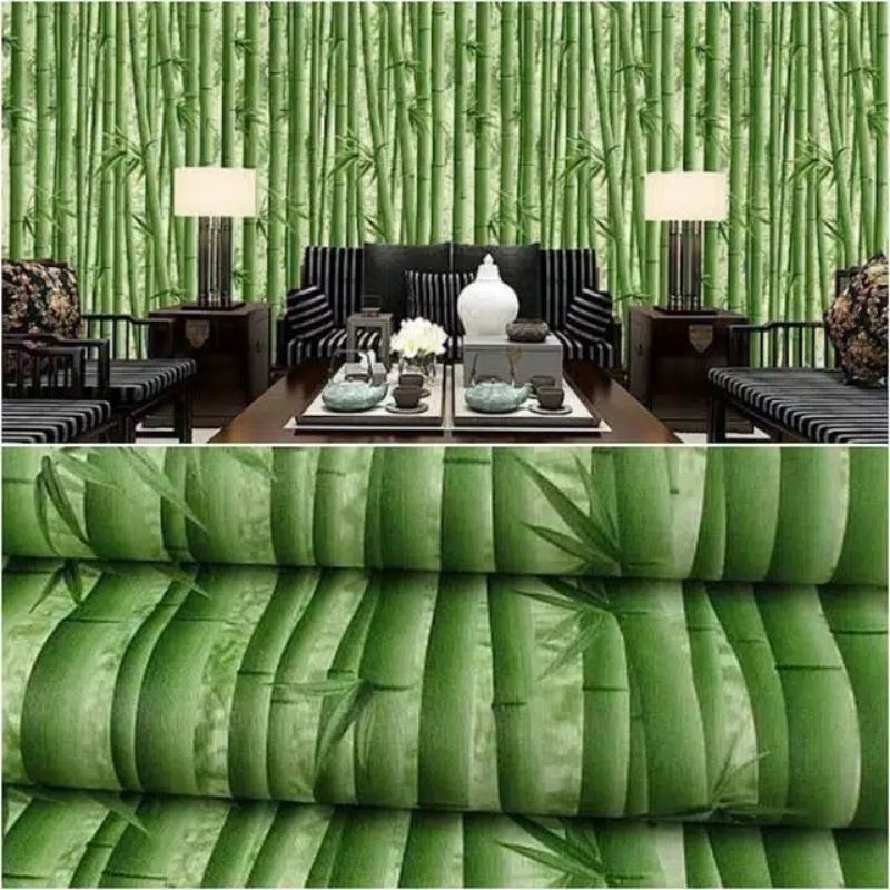 Wallpaper stiker dinding motif bambu tua 3D (45CM X 10M )