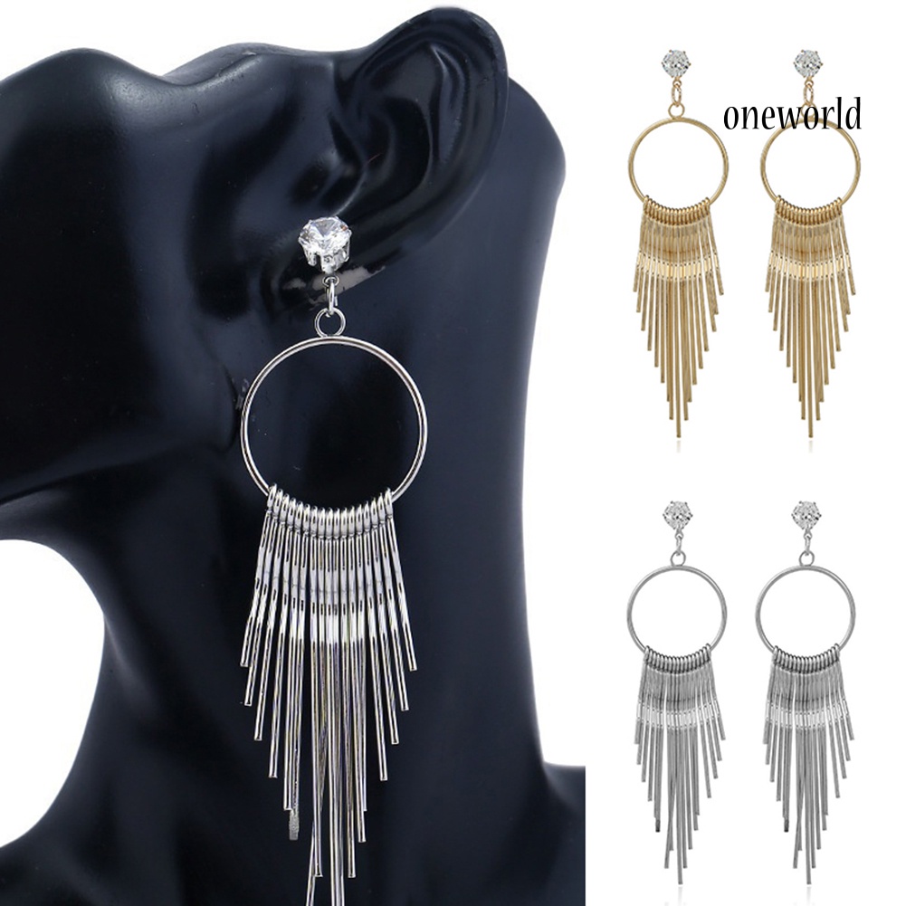 OW@ Fashion Women Zircon Tassel Anti Allergy Metal Long Earrings Statement Jewelry