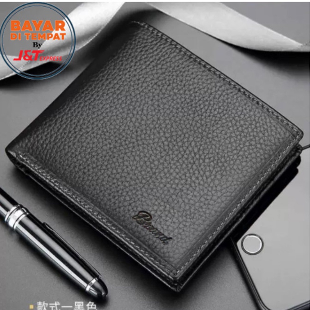 SHOPEE 6.6 SUPER SALE!! Dompet Kulit Sapi Asli Import 100% Dompet Pendek Pria Men Wallet Leather Import Dompet Pendek  3/4 B20 Black + Bonus Box Original