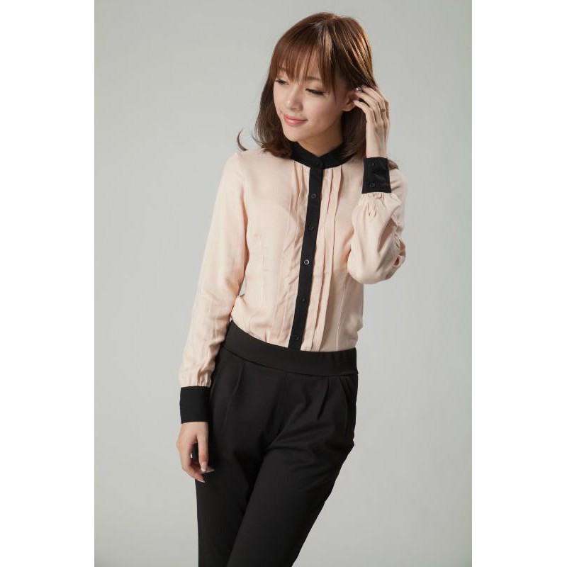 New Women's Cute Pink Patchwork Chiffon Shirt