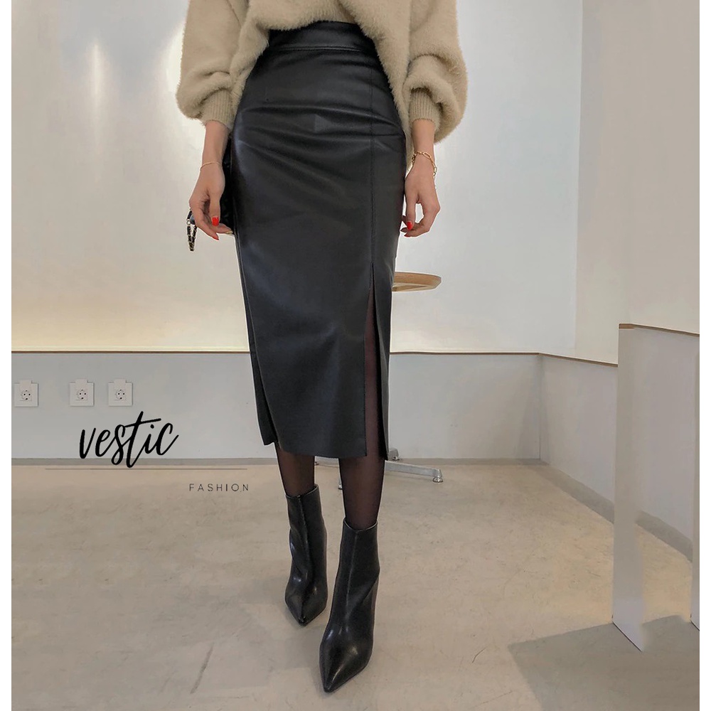 Rok Span Kulit Pensil Hitam Panjang Musim Gugur Wanita