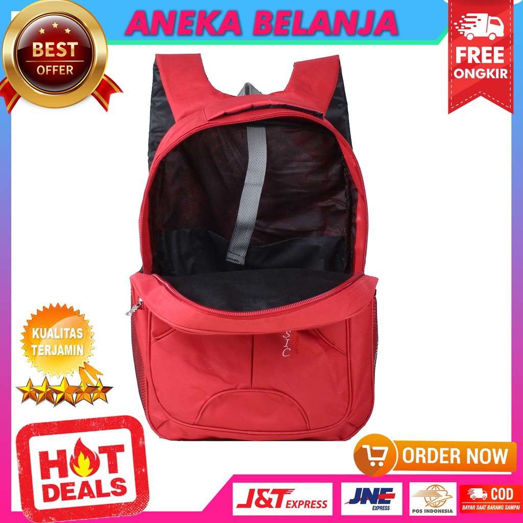 ANEKA - Tas Ransel Pria Wanita Fashionable Polo Classic Merah Elegant Bonus Jas Hujan Backpack Cowok Cewek Keren Sekolah Kuliah Kerja Murah Bahan Tebal Kualitas Import