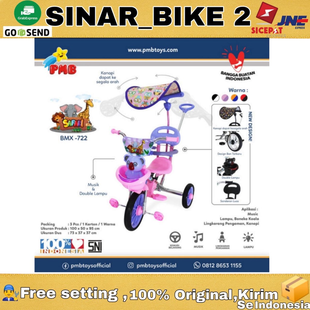 Sepeda Anak Roda Tiga PMB BMX 722 Nikel 1-3 Tahun Roda Karet IC Music Koala Kanopi Tricycle Kids