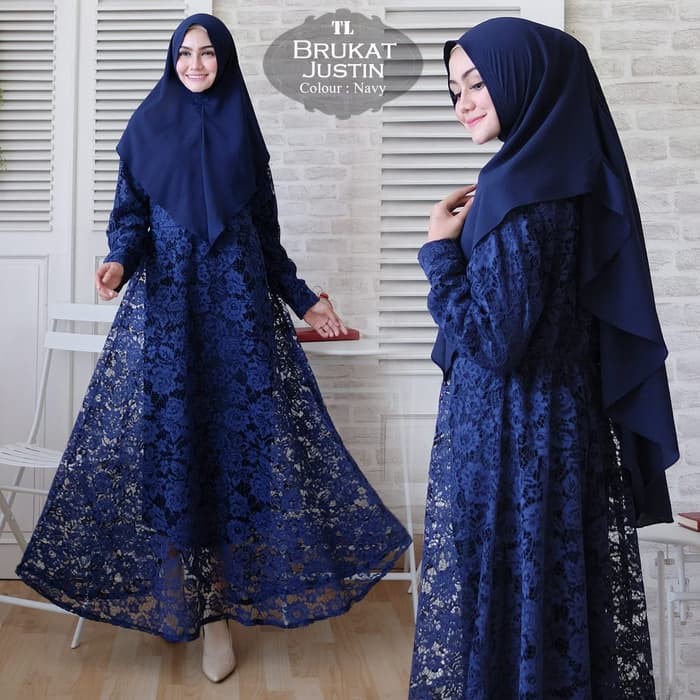 [Syari Brukat Justin Navy TL] Gamis Wanita Brukat Navy