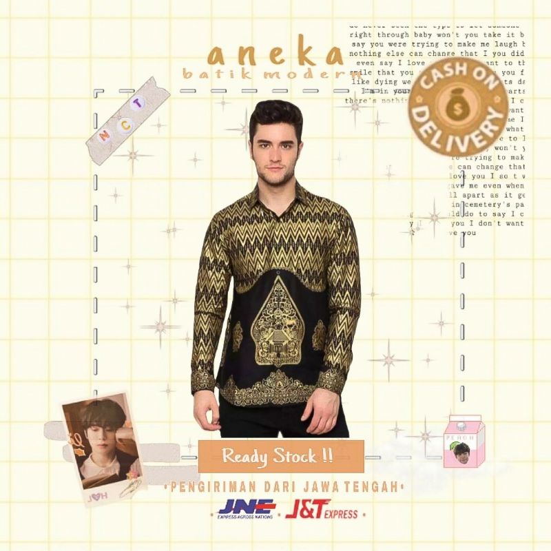 M L XL XXL ATASAN KEMEJA BATIK COWOK LENGAN PANJANG WARNA HITAM KOMBINASI EMAS GOLD PRADAA MOTIF OMA