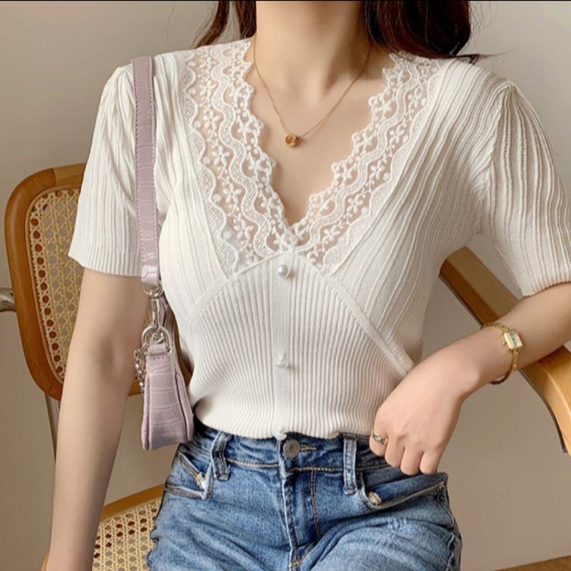 13026 Atasan leher vneck pendek rajut import wanita Baju rajut import lengan pendek cewek korea