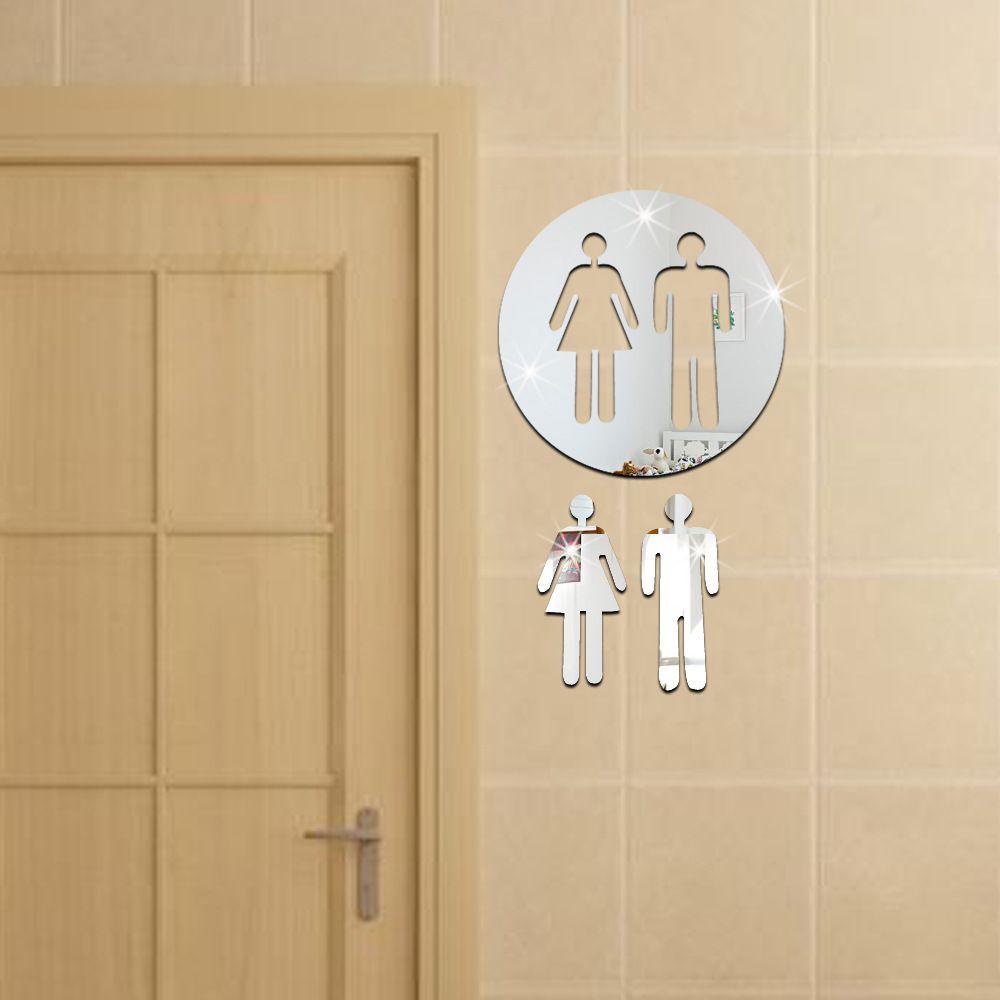 Populer 2PCS /Set Permukaan Cermin Decal 3D DIY WC Dekorasi Pintu Kamar Mandi Dinding Art Washroom Sign Poster