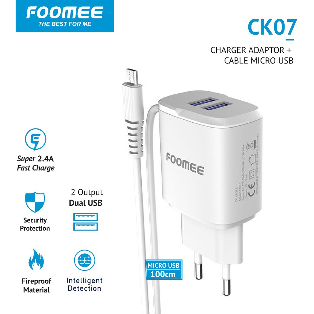 Foomee CK07 Travel charger double U 5V 2.4a with MICRO