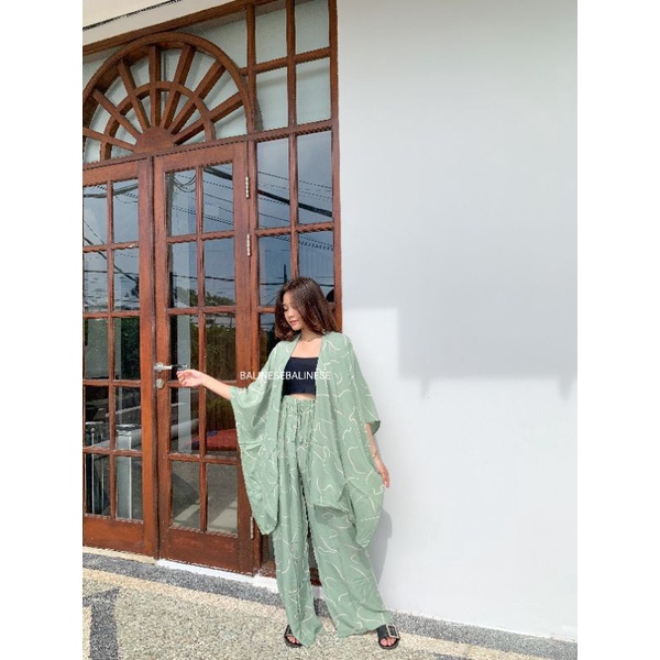 Setelan Cardigan Kulot Worm / Set Auter Pantai | Setcel Hijaber | Setelan Wanita Cacing-Mint Daun