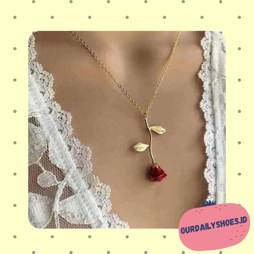 ★ODS★ FA87  Perhiasan Kalung Wanita Model Bunga Mawar  Merah untuk Hadiah Valentine