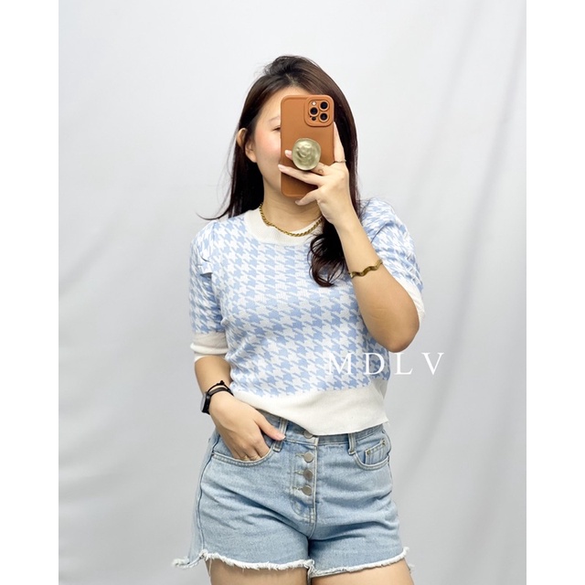 MDLV ~ 6392# Houndstooth Knit Cropped Top Atasan Rajut Motif Houndstooth Fashion Import