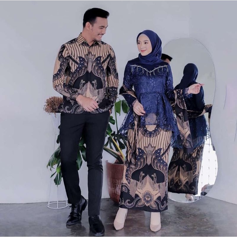 Batik Couple Aldia Kebaya Modern - Set Kebaya Couple Tunik Brokat Tulle Mutiara Premium - Set Kebaya Lamaran Tunangan - Set Baju Seserahan - Kebaya Bridesmaid Aldia