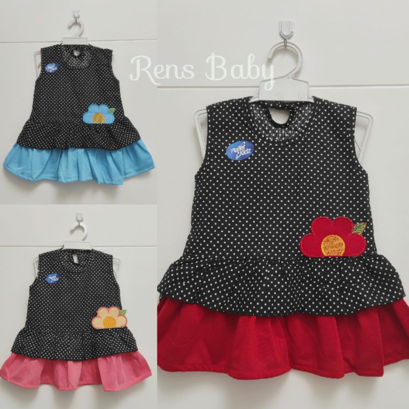 Baby gift PLANET Bunga polkadot hitam Dress baju rok setelan katun anak bayi perempuan cewek