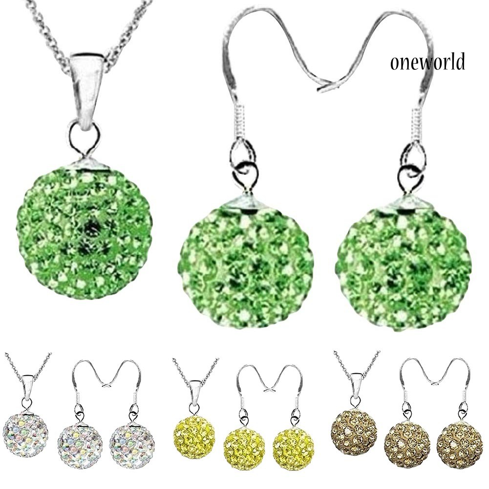 OW@ 2Pcs/Set Women Ball Shaped Charm Rhinestone Hook Earrings Necklace Jewelry Gift