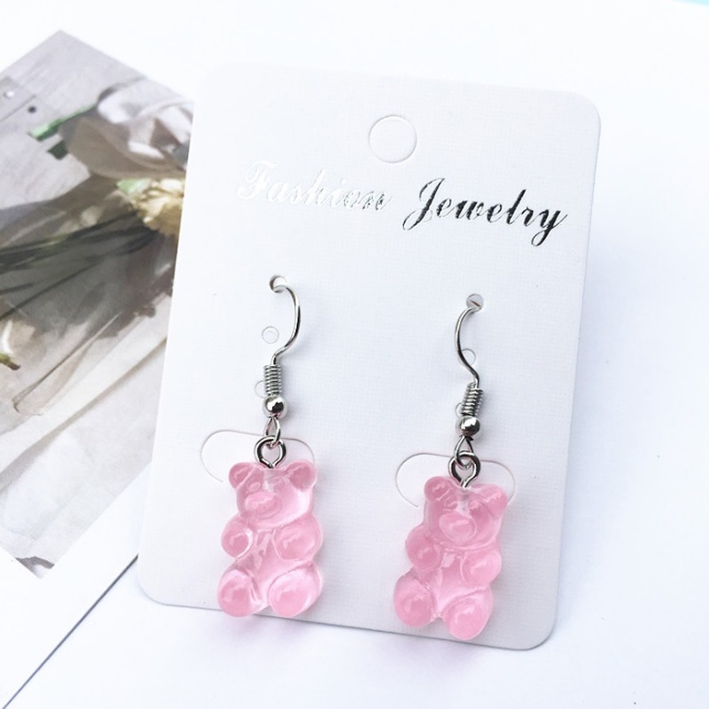 Anting stud Desain Kartun Beruang Gummy bear Warna Permen Transparan Buatan Tangan Gaya Jepang