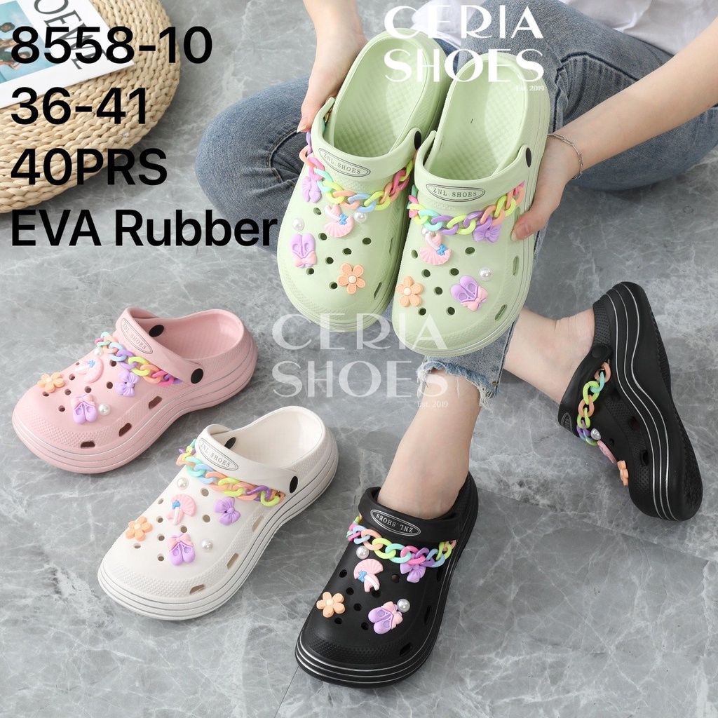 EVA Sandal Baim Slop Wanita BALANCE Import Motif Jibbitz Rainbow Chain Bahan Karet Spons Ringan Empuk Tinggi 5 Cm Sol Anti Slip BLC 858-10