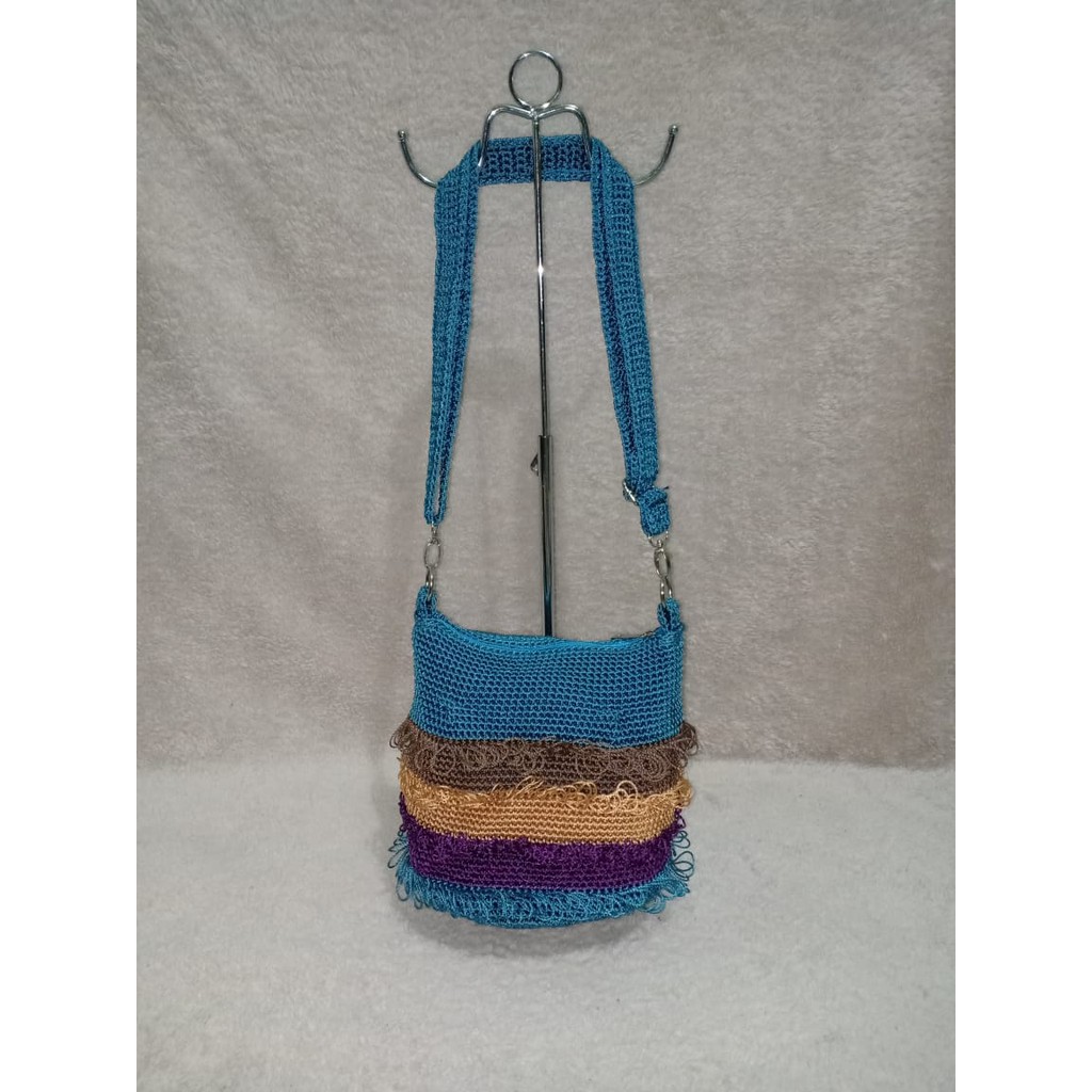 TAS RAJUT ROK RUMBAI TALI RAJUT BIRU TOSCA