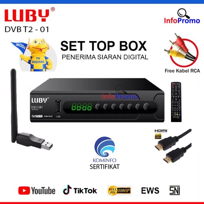 Paket Lengkap Set Top Box Luby DVB T2 01 HDMI WIFI STB Tv Digital Full HD SNI Original
