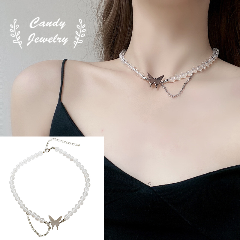 INS Japan and Korea Super Fairy Butterfly Girl Necklace Choker Transparent Round Beads Punk Collarbone Chain