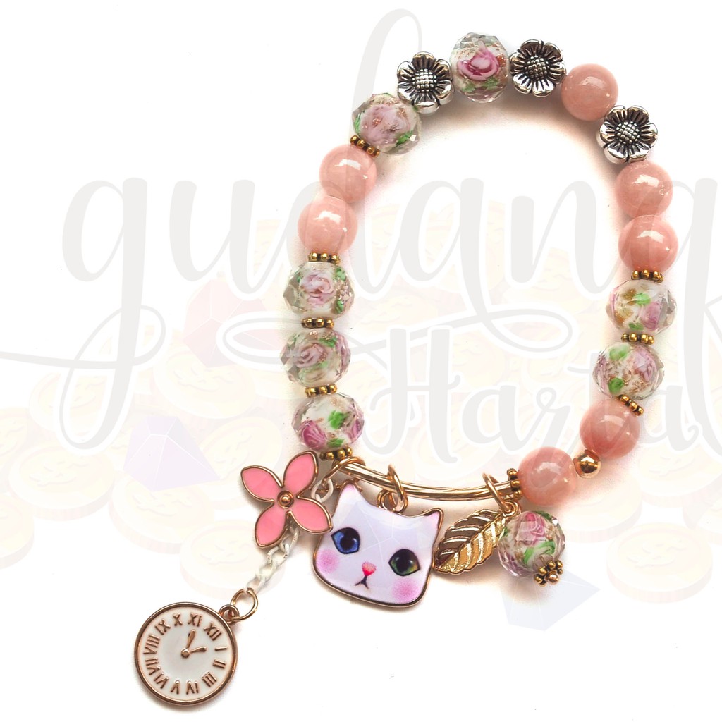 Gelang Lucky Charm Cat and Rose Kucing Anjing Lebah Lucu Unik Cantik Bunga Mawar GH 205147