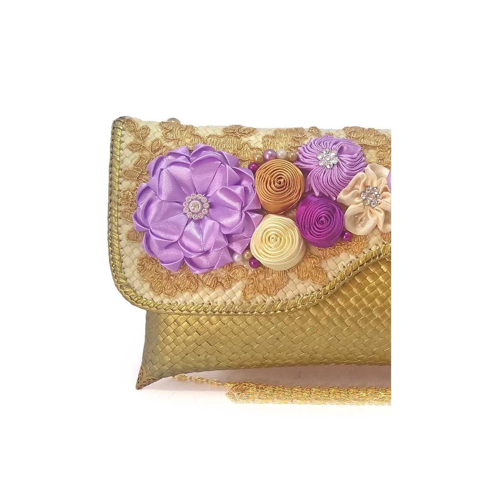 Putra Sukapura Clutch Pesta Cantik Party Clutch Anyaman Gold Purple Dompet Wanita