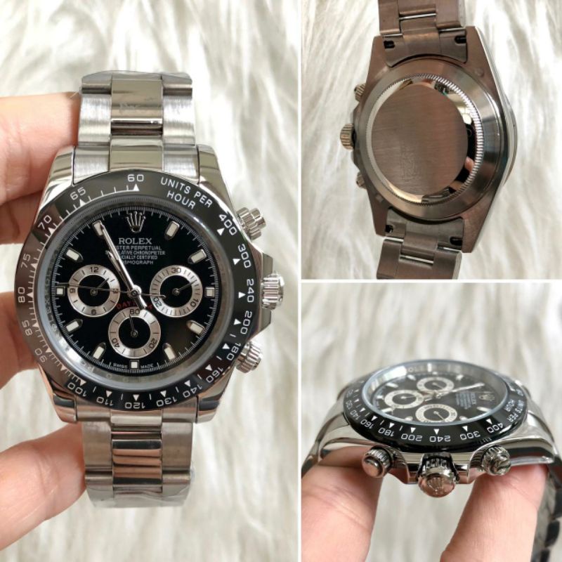 Jam Tangan Rolex Daytona Autometic Super Premium Graden AAA - Rolex Oyster Perpetual Silver Hitam
