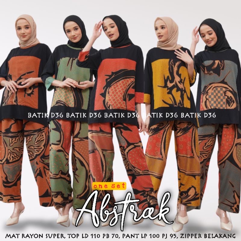 One Set Abstrak Batik Trika Rayon Warna Setcel Blus Celana Setelan Muslim Panjang Kantor Kasual Modern