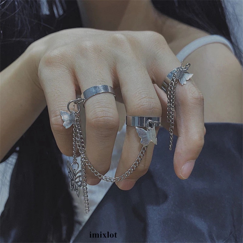 Cincin Model Terbuka Desain Rantai Butterfly Rumbai Gaya Hip hop Punk